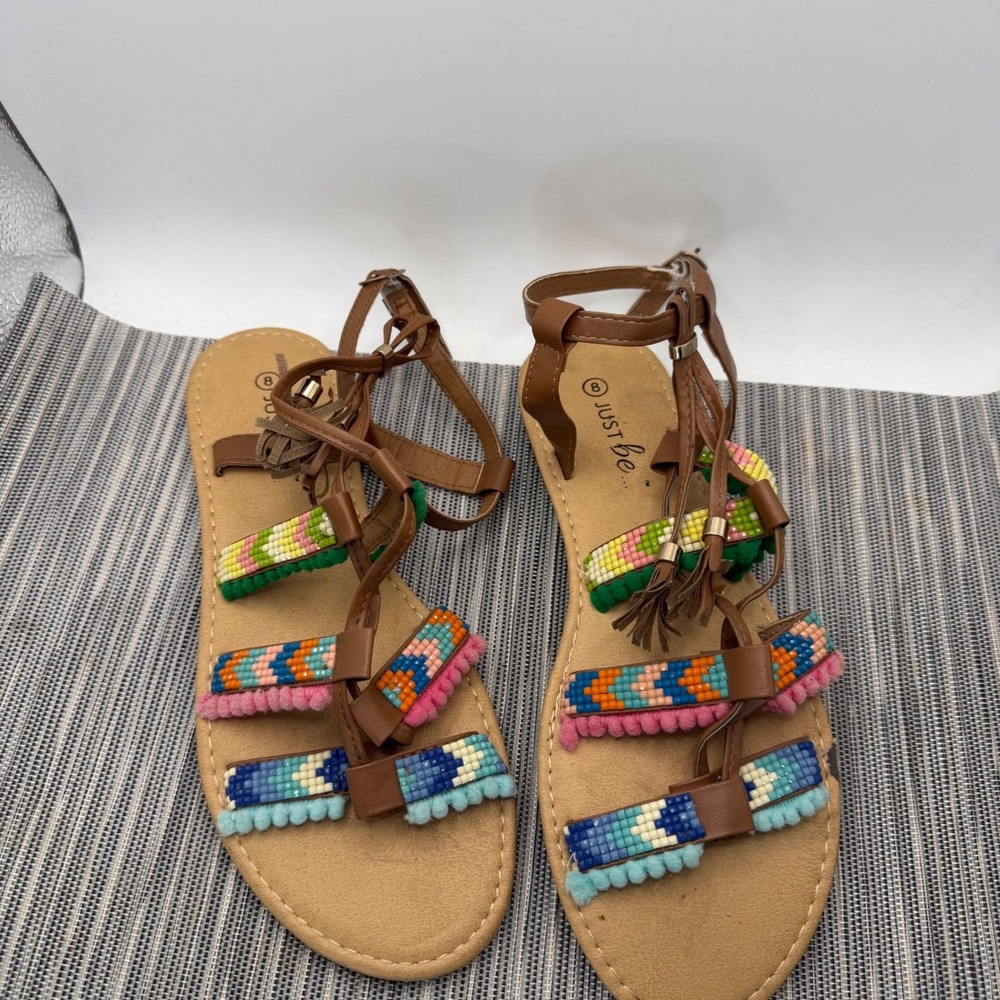 Just Be Womens Beaded Gladiator Sandals Size 8 Brown‎ Boho Pom Pom Tassel Flat